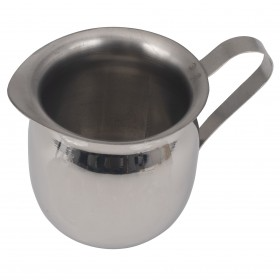 5 oz. bell creamer stanton trading made of stainless steel with a sleek, polished design makes it ideal for serving cream, milk, or syrups in cafes, restaurants, and catering settings. The sturdy handle and spout ensure easy pouring, while the stainless steel construction provides durability and easy cleaning.