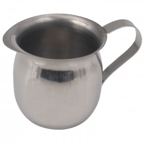 8 oz. bell creamer stanton trading made of stainless steel with a sleek, polished design makes it ideal for serving cream, milk, or syrups in cafes, restaurants, and catering settings. The sturdy handle and spout ensure easy pouring, while the stainless steel construction provides durability and easy cleaning.