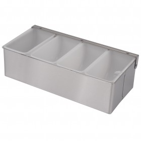 12" x 6" x 3" stainless steel bar condiment holder stanton trading featuring four compartments for organizing garnishes, fruits, or condiments. Designed for durability, it includes a hinged lid for protection. Ideal for bars, restaurants, and catering.
