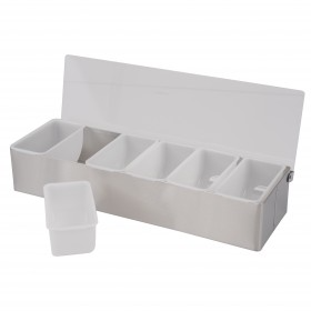 18"x6"x3" stainless steel condiment holder stanton trading features six removable plastic compartments for organizing garnishes and condiments. A hinged transparent lid keeps contents fresh and protected. Durable and practical, it’s ideal for bars, restaurants, and catering stations, ensuring easy access and efficient preparation.
