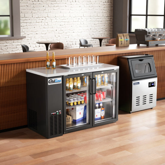 48-inch swing glass door back bar cooler in black, featuring transparent doors for easy product visibility and efficient cooling. Perfect for bars and restaurants, combining style with functionality.
