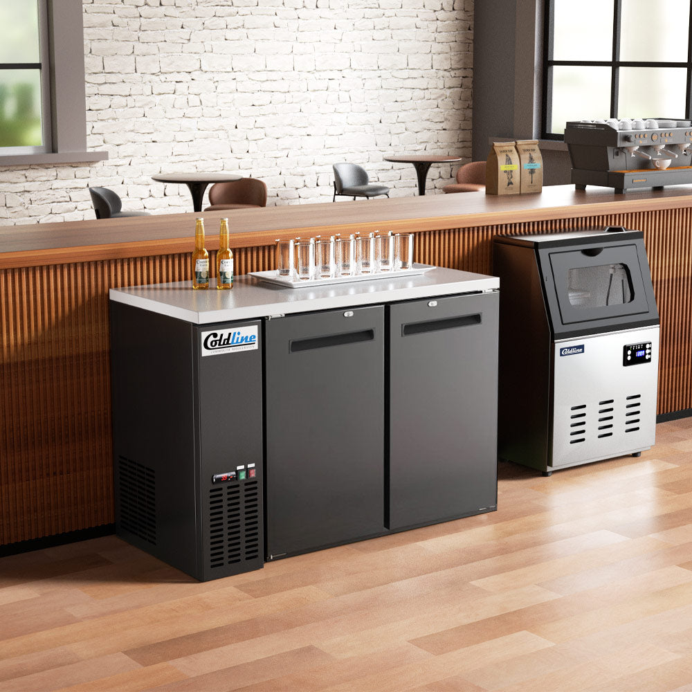 48-inch swing solid door back bar cooler in black, designed for efficient cooling and easy access to beverages. Ideal for bars and restaurants, offering ample storage with a sleek, professional look.