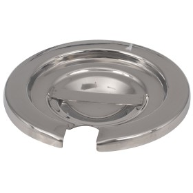 2-1/2 quart steam table inset cover stanton trading crafted from polished mirror-finish stainless steel, providing a sleek and durable design. It features a convenient utensil slot and a sturdy handle for easy lifting. Designed to fit a compatible steam table inset, ideal for commercial food service environments.