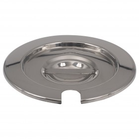 4-quart steam table inset cover stanton trading crafted from polished mirror-finish stainless steel, providing a sleek and durable design. It features a convenient utensil slot and a sturdy handle for easy lifting. Designed to fit a compatible steam table inset, ideal for commercial food service environments.