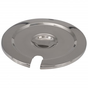 7-quart steam table inset cover stanton trading crafted from polished mirror-finish stainless steel, providing a sleek and durable design. It features a convenient utensil slot and a sturdy handle for easy lifting. Designed to fit a compatible steam table inset, ideal for commercial food service environments.