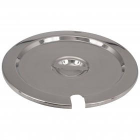 11-quart steam table inset cover stanton trading crafted from polished mirror-finish stainless steel, providing a sleek and durable design. It features a convenient utensil slot and a sturdy handle for easy lifting. Designed to fit a compatible steam table inset, ideal for commercial food service environments.