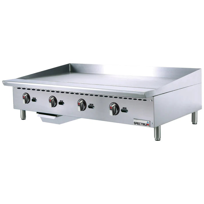 (24", 36", 48") Griddle 1/Pack equipped with precision-engineered, manually-controlled valves. It has a polished steel cook plate and full length, wide front rail for keeping spillage to a minimum. The Spectrum Gas Griddle includes an LP conversion kit, and is ETL certified for safety and sanitation.