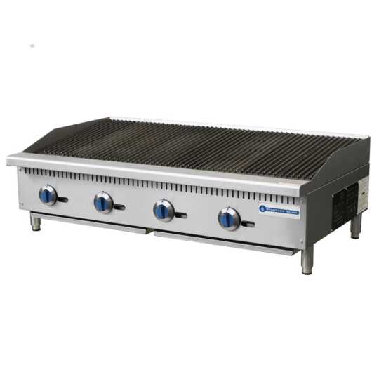 Standard Range SR-CB48-M 48" gas countertop radiant charbroiler with 140,000 BTUs, designed for high-capacity grilling in commercial kitchens, ensuring efficient cooking of a variety of meats and vegetables.
