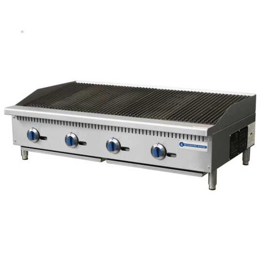 Standard Range SR-CB48-M 48" gas countertop radiant charbroiler with 140,000 BTUs, designed for high-capacity grilling in commercial kitchens, ensuring efficient cooking of a variety of meats and vegetables.