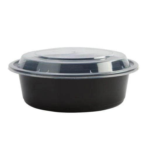 48oz deep round food container with lid, black and white, BPA-free, leak-proof, microwave safe, freezer safe, reusable meal prep container, takeout, catering, food storage, stackable design.