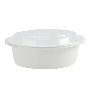 48oz deep round food container with lid, black and white, BPA-free, leak-proof, microwave safe, freezer safe, reusable meal prep container, takeout, catering, food storage, stackable design.