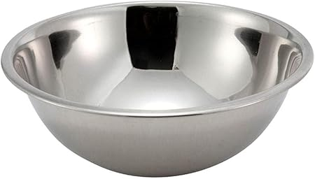 8 qt. stainless steel mixing bowl stanton trading, with a 13-1/2" diameter and a polished, reflective surface. It has a smooth, rounded interior and a slightly flared rim for easy handling. The sturdy construction makes it ideal for mixing, baking, and food prep. Its simple design suits both home and professional kitchens.