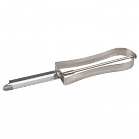 swivel peeler stanton trading made of stainless steel and features a flexible blade for effortless peeling. Its ergonomic design allows for a comfortable grip, making it ideal for peeling fruits and vegetables with ease. The peeler is carded for convenient storage and display.