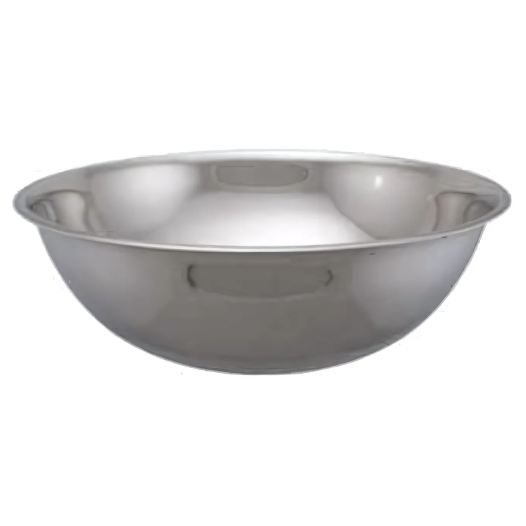 16 qt. stainless steel mixing bowl stanton trading, with a 17-3/4" diameter and a polished, reflective surface for a clean, professional appearance. Its deep, rounded shape is perfect for mixing large batches. The slightly flared rim provides a secure grip. Ideal for both commercial and home kitchens.