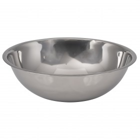 20 qt. stainless steel mixing bowl stanton trading, with a 18-3/4" diameter and a polished, reflective finish for a professional look. Its deep, rounded design allows for efficient mixing and prevents spills. The slightly flared rim ensures a secure grip. Perfect for large-scale food prep in commercial kitchens.