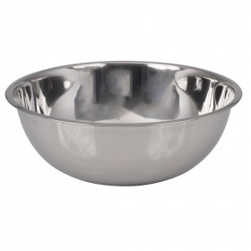 30 qt. large stainless steel mixing bowl stanton trading with 22-1/2" diameter, features a highly reflective, polished surface. Its deep, rounded shape allows for easy mixing without spills. The wide, slightly flared rim provides a secure grip. Ideal for commercial kitchens and large-batch food prep.