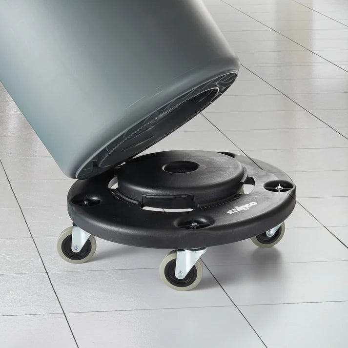 Round Trash Can Dolly 6/Pack a must-have in any restaurant or cafeteria, this dolly is strong enough to hold up to 400 pounds. This dolly is perfect to safely and efficiently move your trash can or other containers throughout the kitchen. Thanks to its caster wheels, this dolly easily glides along indoor or outdoor surfaces.