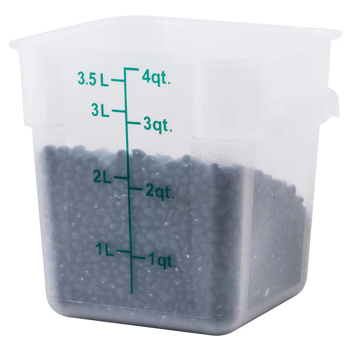 Square Storage Container is an essential item for both home and commercial kitchens. Ideal for keeping fruits, vegetables, spices and more. Due to its break resistant polypropylene construction with build in handles, the container is extremely durable and withstands temperatures from -40°F to 160°F. Translucent container allows you to see what is inside of it for fast and efficient service. Blue gradations on the container assist in measuring food accurately.
