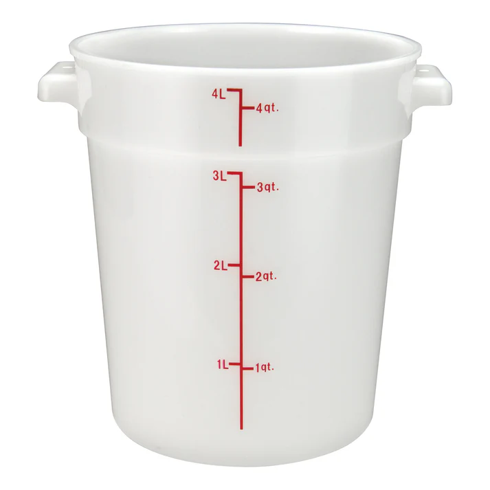 (12qt 12/Pack, 18qt 6/Pack, 1qt 12/Pack, 22qt 6/Pack, 2qt 12/Pack, 4qt 12/Pack, 6qt 12/Pack, 8qt 12/Pack) Round Storage Container is ideal for keeping fruits, vegetables, spices and more. Due to its white break resistant polypropylene construction with build in handles, the container is extremely durable and withstands temperatures from -40°F to 160°F. Red gradations on the container assist in measuring food accurately. This container's round design is ideal for compact stacking and storage.
