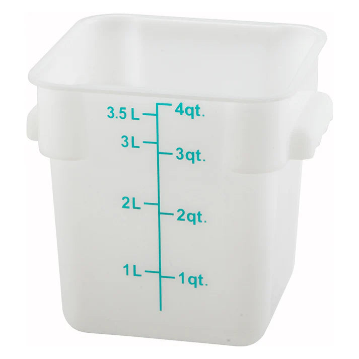 Square Storage Container is an essential item for both home and commercial kitchens. Ideal for keeping fruits, vegetables, spices and more. Due to its break resistant polypropylene construction with build in handles, the container is extremely durable and withstands temperatures from -40°F to 160°F. Translucent container allows you to see what is inside of it for fast and efficient service. Blue gradations on the container assist in measuring food accurately.