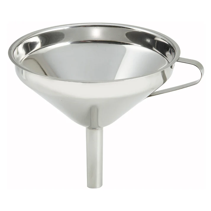 (5", 5-3/4") Funnel 12/pack featuring a wide mouth which accommodates both dry and wet ingredients and a small neck that fits in any narrow-mouth bottle or jar. For added convenience, this funnel comes with a hanging ring for easy storage.