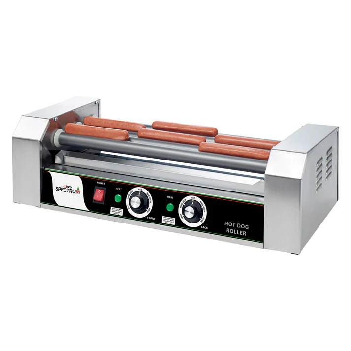 (11R, 5R, 7R) Hot Dog Roller 1/Pack give you long lasting cooking results under the harshest applications. They are perfect for convenience stores, concession stands, cafeterias and more. All grills come with a heavy duty sealed motor, and a bike chain and sprocket drive assembly.