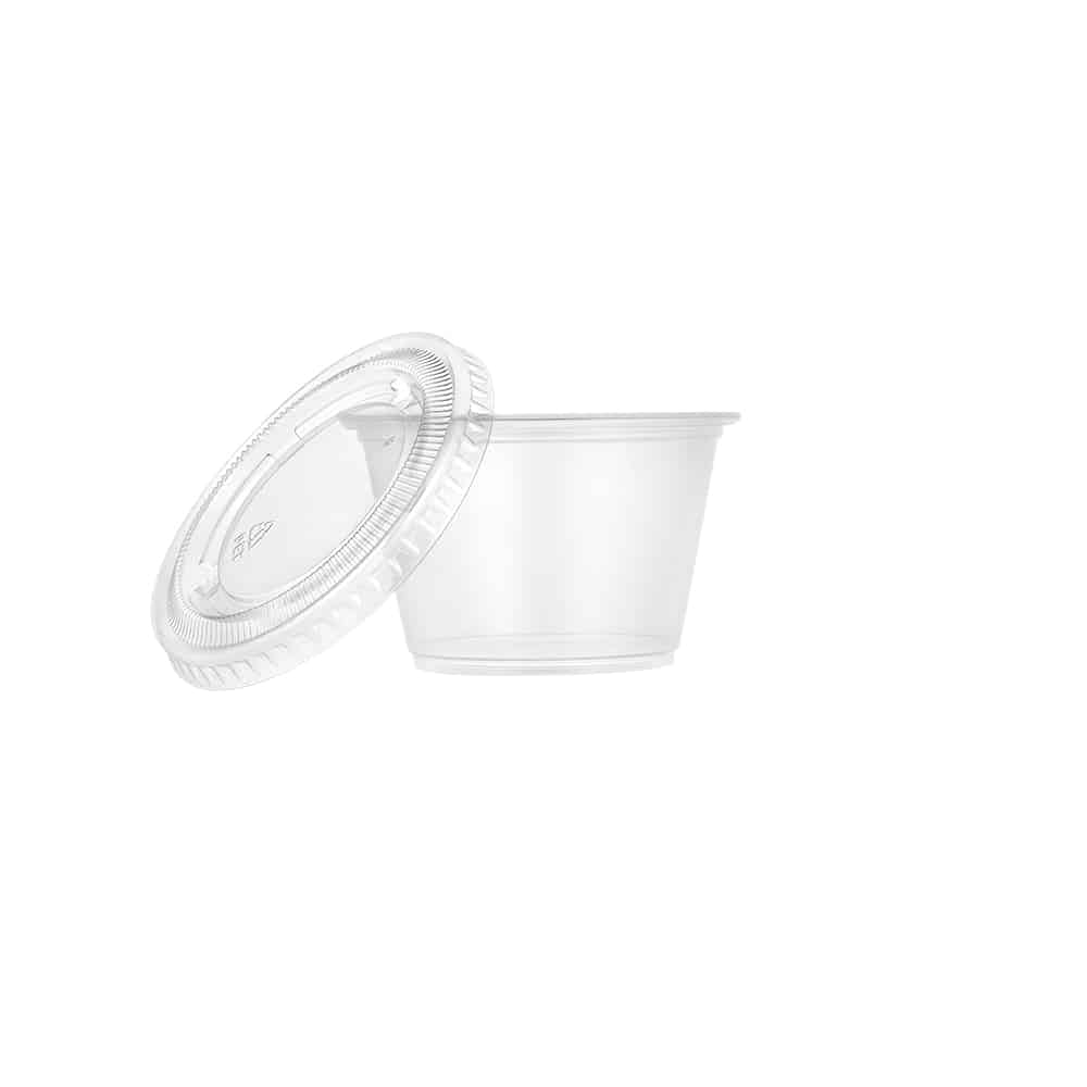 5.5 oz. clear plastic portion cup with lid, perfect for sauces, dips, dressings, and small snacks. Durable, disposable, and ideal for restaurants, catering, meal prep, and takeout.