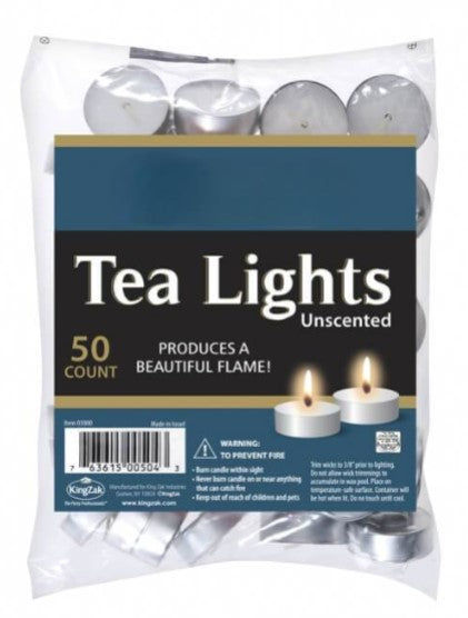 50-pack unscented tealight candles for home, weddings, and events. Long-lasting, smokeless, drip-free tea lights with a steady burn. Perfect for decor, centerpieces, and relaxation.