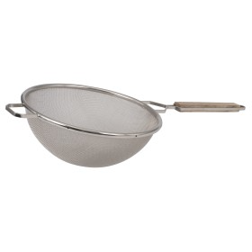 10-1/4 inch diameter strainer stanton trading with a single medium mesh, featuring a sturdy stainless steel frame, side support handles, and a lacquered wooden handle for comfortable grip and durability.