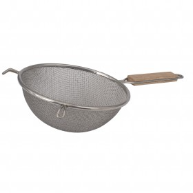 8-inch diameter strainer stanton trading with double medium mesh, a sturdy wooden lacquered handle, and side hooks for secure placement over bowls or pots.