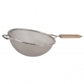 10-1/4 inch diameter strainer stanton tarding with double medium mesh, a sturdy wooden lacquered handle, and side hooks for secure placement over bowls or pots.