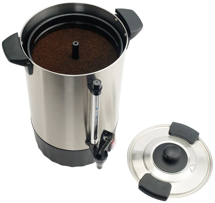 Coffee Urn (100-Cup (16L) 110-120V, 100-Cup (16L) 220-240V, 50-Cup (8L) 110-120V) 2/Pack features a twist-locking lid and handles that are cool to the touch. The waterproof ON/OFF switch includes a protective cover. The automatic shut-off provides add an additional safety feature. This product is constructed of polished 304 stainless steel. The container features a silver color with a black base. The system recycles automatically between brewing and holding modes for optimal temperatures.