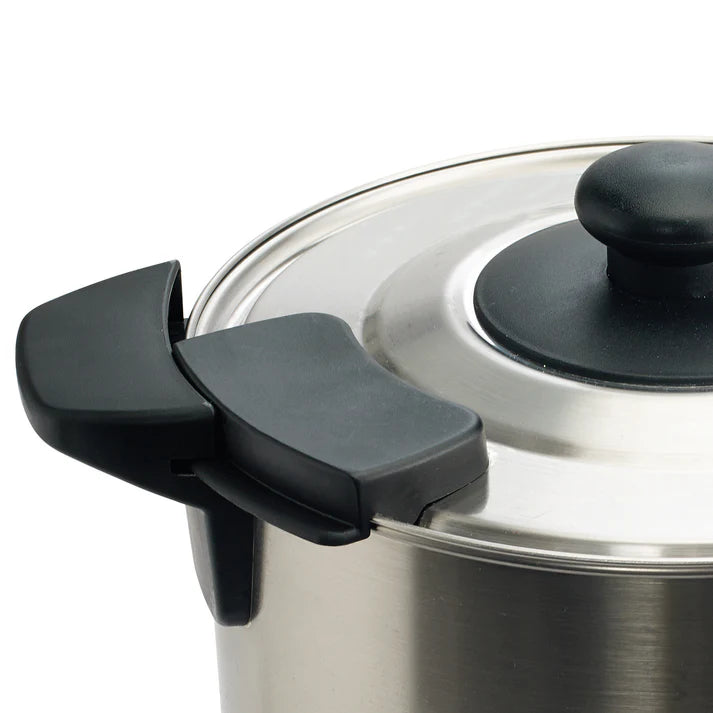 Coffee Urn (100-Cup (16L) 110-120V, 100-Cup (16L) 220-240V, 50-Cup (8L) 110-120V) 2/Pack features a twist-locking lid and handles that are cool to the touch. The waterproof ON/OFF switch includes a protective cover. The automatic shut-off provides add an additional safety feature. This product is constructed of polished 304 stainless steel. The container features a silver color with a black base. The system recycles automatically between brewing and holding modes for optimal temperatures.