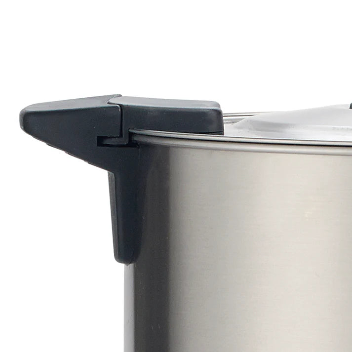Coffee Urn (100-Cup (16L) 110-120V, 100-Cup (16L) 220-240V, 50-Cup (8L) 110-120V) 2/Pack features a twist-locking lid and handles that are cool to the touch. The waterproof ON/OFF switch includes a protective cover. The automatic shut-off provides add an additional safety feature. This product is constructed of polished 304 stainless steel. The container features a silver color with a black base. The system recycles automatically between brewing and holding modes for optimal temperatures.