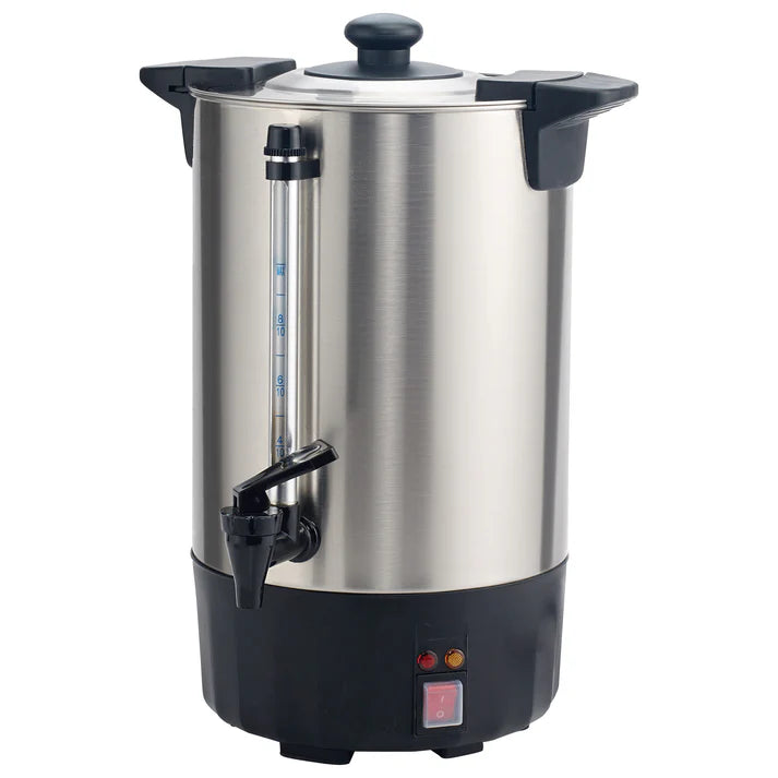 Coffee Urn (100-Cup (16L) 110-120V, 100-Cup (16L) 220-240V, 50-Cup (8L) 110-120V) 2/Pack features a twist-locking lid and handles that are cool to the touch. The waterproof ON/OFF switch includes a protective cover. The automatic shut-off provides add an additional safety feature. This product is constructed of polished 304 stainless steel. The container features a silver color with a black base. The system recycles automatically between brewing and holding modes for optimal temperatures.