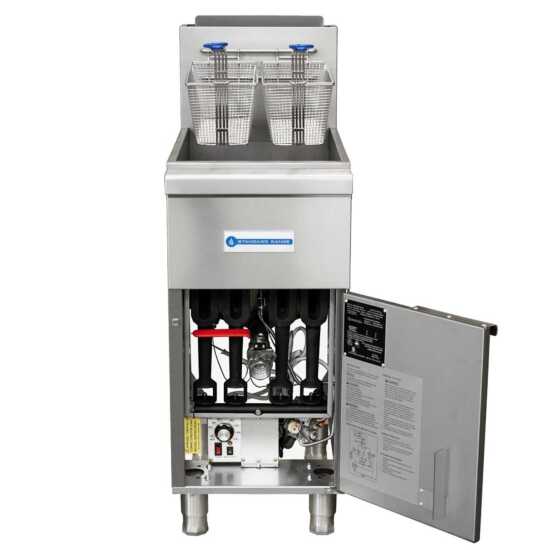 Standard Range SR-F4S-NG 50 lb. Solid State Floor Fryer - Natural Gas, 120,000 BTU, designed for consistent frying performance in commercial kitchens, ideal for preparing a variety of fried foods efficiently.