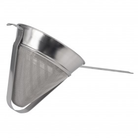 8-inch diameter bouillon strainer stanton trading with a heavy-duty plated mesh bowl, reinforced steel rod, and sturdy support hooks for secure placement over containers.