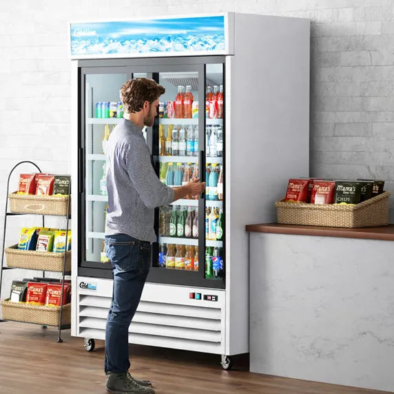 Coldline G53S-W 53" double glass sliding door merchandiser refrigerator with LED lighting, white exterior finish, and wide-capacity commercial display. Designed for maximum product visibility with bright interior lighting, adjustable shelving, and efficient cooling—ideal for convenience stores, cafes, supermarkets, and beverage merchandising.