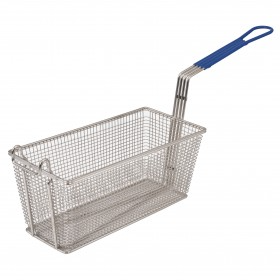 13-1/4" x 6-1/2" x 6" Rectangular fry basket stanton trading, made of durable wire mesh with a plastic-coated blue handle for heat resistance and comfort. Perfect for deep frying in commercial kitchens.