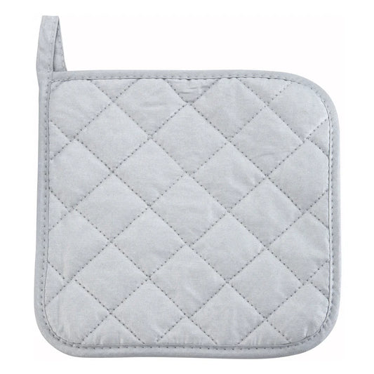 Pot Holder 5/Pack is an 8 inch x 8 inch cotton pot holder with a silver silicone coating. The pot holder is heat resistant up to 350° F. This model also has a hanging loop for easier storage. Designed to make handling hot pots and pans safer and more convenient.