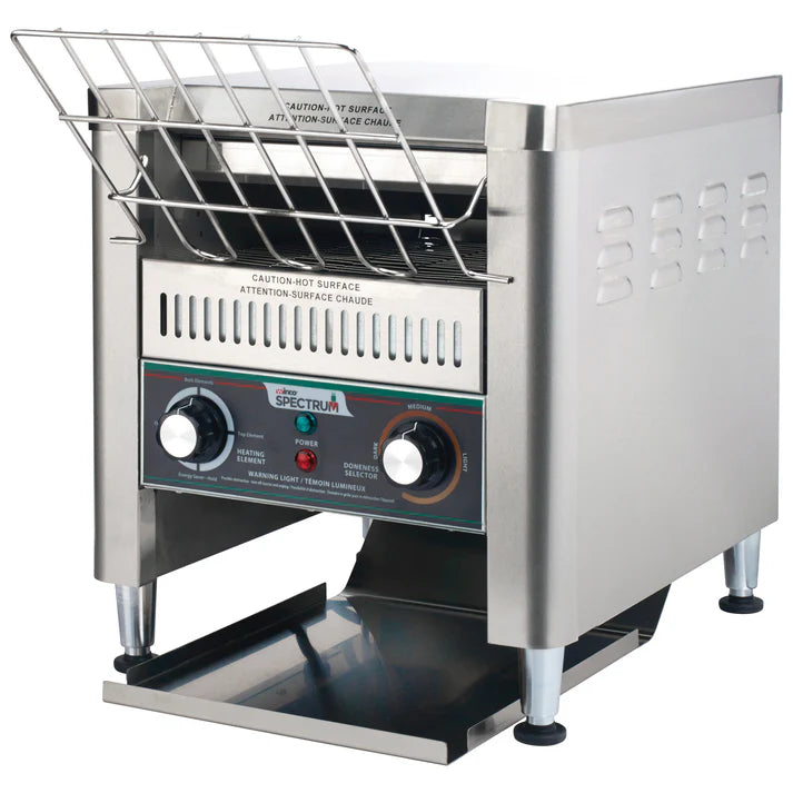 Spectrum Electric Conveyor Toaster 1/Pack can toast up to 300 slices per hour, ideal for use in busy restaurants, diners, and buffets. An upper and lower heating element can be operated independently making this commercial conveyor toaster perfect for toasting bagels, bread, buns, and even pizzas. The variable-speed dial allows for precise speed control ensuring the perfect doneness. A wide shoot and extra wide return ramp prevent food from getting stuck for a seamless toasting experience.