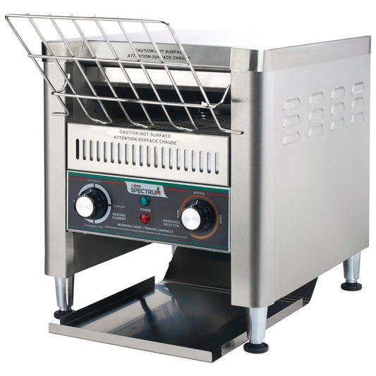Spectrum Electric Conveyor Toaster 1/Pack can toast up to 300 slices per hour, ideal for use in busy restaurants, diners, and buffets. An upper and lower heating element can be operated independently making this commercial conveyor toaster perfect for toasting bagels, bread, buns, and even pizzas. The variable-speed dial allows for precise speed control ensuring the perfect doneness. A wide shoot and extra wide return ramp prevent food from getting stuck for a seamless toasting experience.