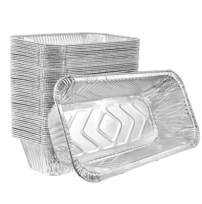 5lb aluminum loaf pan with foil lid for baking, cooking, and food storage. Durable, disposable, oven-safe, and recyclable. Ideal for meal prep, catering, takeout, and transporting baked goods.