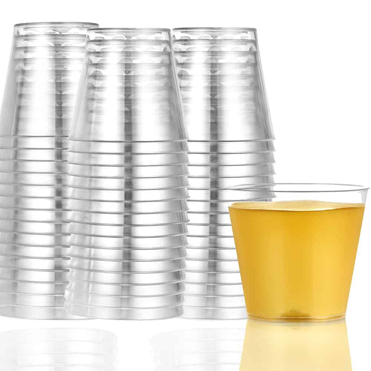 Clear plastic tumbler cups, 5oz, 7oz, 8oz sizes, disposable drinkware, perfect for events, weddings, parties, and catering, sturdy yet lightweight, easy cleanup, ideal for cold beverages.