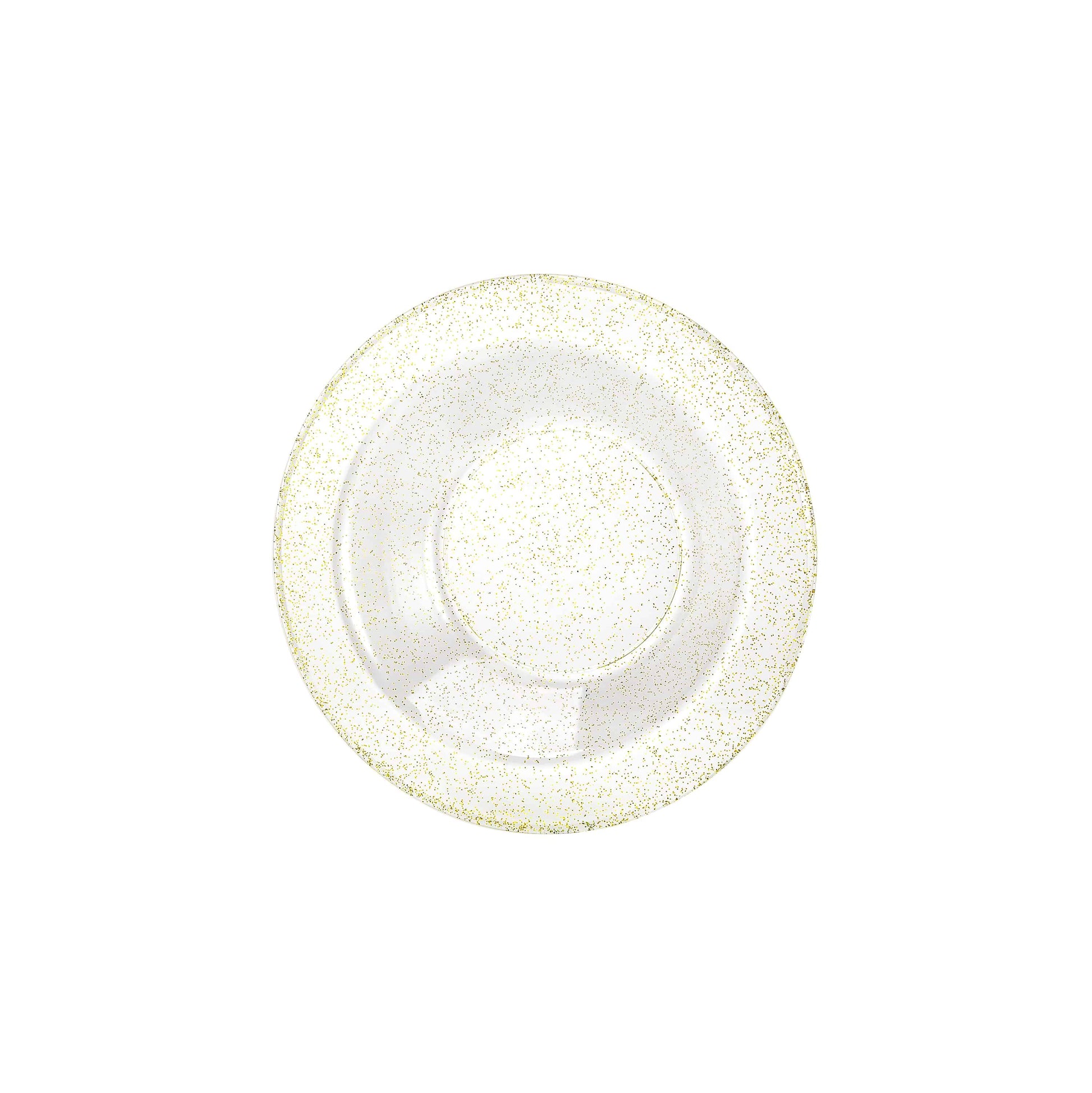 Gold glitter bowls in 5oz and 14oz sizes; sturdy disposable design for serving soups, desserts, and snacks at weddings, parties, and events