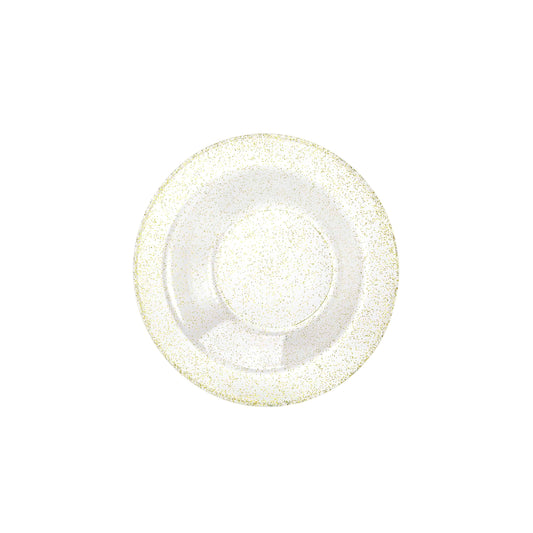 Gold glitter bowls in 5oz and 14oz sizes; sturdy disposable design for serving soups, desserts, and snacks at weddings, parties, and events
