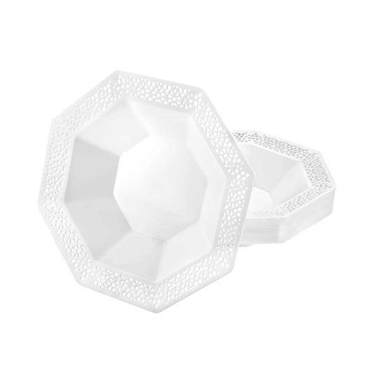 Lacetagon Pearl Bowls in 5oz and 14oz sizes; elegant disposable design for serving soups, desserts, and snacks at weddings and upscale events