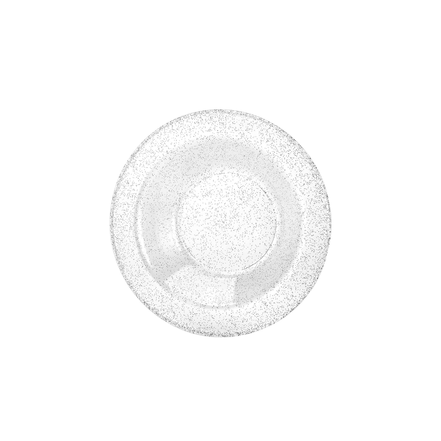 Silver glitter bowls in 5oz and 14oz sizes; elegant disposable design for serving desserts, soups, and snacks at weddings, parties, and special events