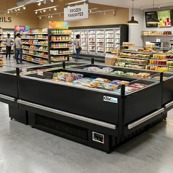 Coldline ISLAND-DT80 82-inch open air dual temperature island merchandiser with refrigerator and freezer sections for supermarkets, grocery stores, and retail food displays. Provides easy customer access to chilled and frozen products while maintaining reliable commercial refrigeration performance.