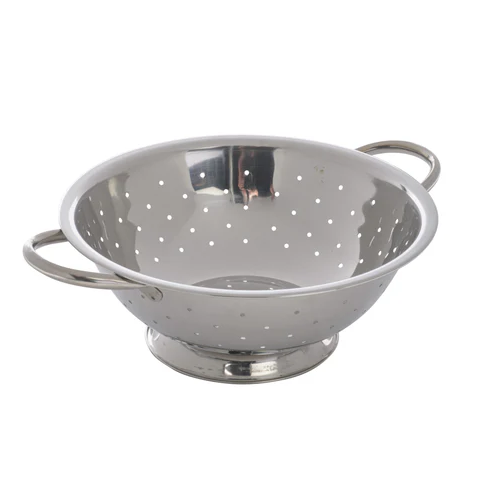5-quart stainless steel colander stanton trading, 11-1/2 inch diameter, mirror polished finish with a footed bottom and two side handles for easy handling.